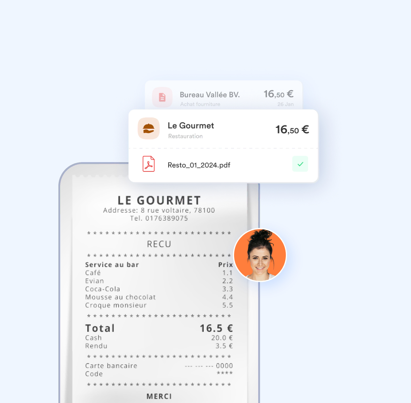 Visuel de l'application mobile montrant l'analyse automatique d'une note de frais photographiée
